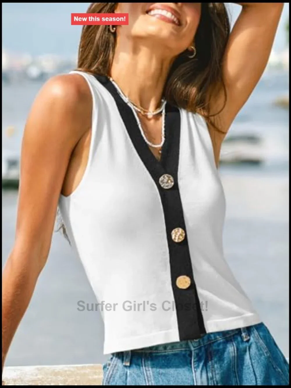 Women's Sleeveless Knit Tank Top with Gold Buttons & Contrast Trim